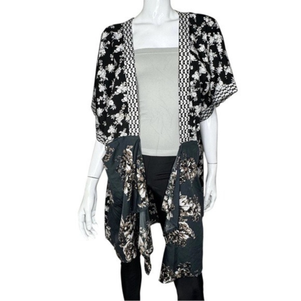 Steve Madden In Full Bloom Black and Cream Floral Kimono Wrap